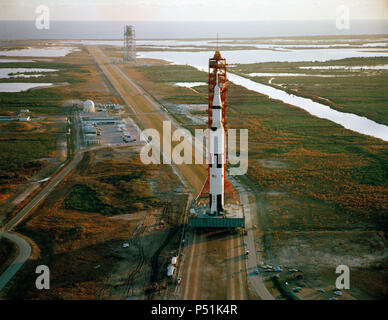 Aerial view of the Apollo 9 (Spacecraft 104Lunar Module 3Saturn 504) space vehicle on the way from the Vehicle Assembly Building to Pad A, Launch Complex 39, Kennedy Stock Photo