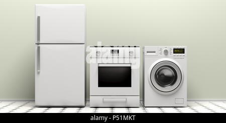 White home appliances set on white tiles floor with black details. 3d illustration Stock Photo