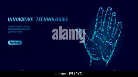 Low poly hand scan cyber security. Personal identification fingerprint handprint ID code. Information data safety access. Internet network futuristic biometrics technology identity verification vector Stock Vector