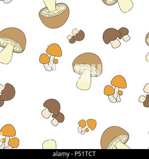 Edible mushrooms pattern seamless. Vector illustration. Brown and orange mushrooms isolated on white background. Stock Vector