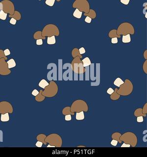 Mushroom porcini pattern seamless. Vector illustration. Brown mushrooms on dark blue background. Pantone colors. Stock Vector