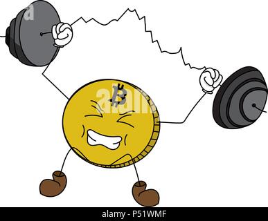 Cartoon bitcoin with face, hands and legs weight-lifting a chart Stock Vector