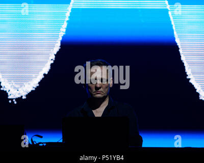 Alva Noto show during Sónar by Day, SonarHall stage, with colorful visual effects Stock Photo