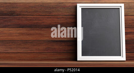 Blackboard menu concept. Blank board with frame on a wooden wall background, copy space, 3d illustration. Stock Photo