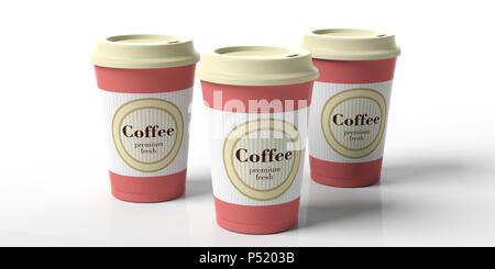 Coffee to go concept. Coffee cups 3, with a lid,  isolated on a white background, 3d illustration. Stock Photo