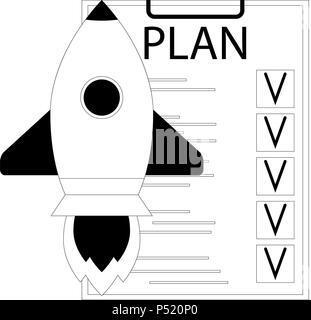 Plan start up launch. Rocket and checklist. Development idea, strategy process, vector illustration Stock Vector