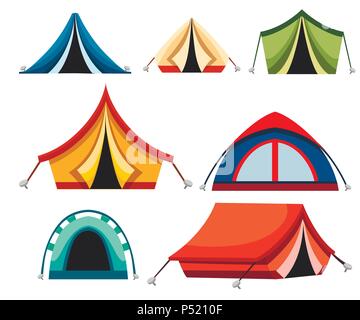 Set of hiking and camping tent. Triangle and dome flat design tents. Colorful vector icons. Tourist camp tents collection. Illustration isolated on wh Stock Vector