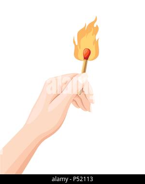 Hand holds a burning match stick. Match with fire. Flat design style. Vector illustration isolated on white background. Stock Vector