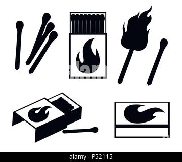 Black silhouette. Collection of matches. Burning match with fire, opened matchbox, burnt matchstick. Flat design style. Vector illustration isolated o Stock Vector