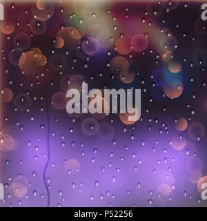 Window with blured city light and rain drops on it. Realistic vector illustration. Stock Vector
