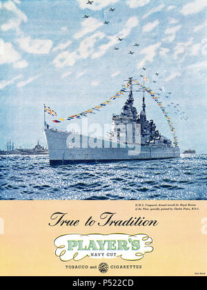 1953 British advertisement for Player's Navy Cut Cigarettes, featuring a painting of H.M.S. Vanguard by Charles Pears. Stock Photo