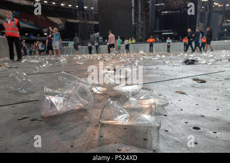 Stratford, UK. 23rd June, 2018, The aftermath of the foo fighters concert day two, Thousands of single-use plastics cups and rubbish littering the stadium floor, London stadium,Stratford,UK..© Jason Richardson / Alamy Live News Stock Photo