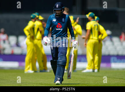Manchester, UK. 24th June, 2018. Sunday 24th June 2018 , Emirates Old Trafford, 5th ODI Royal London One-Day Series England v Australia; Joe Root  of England leaves the field of play after been dismissed by Australia. Credit: News Images /Alamy Live News Stock Photo