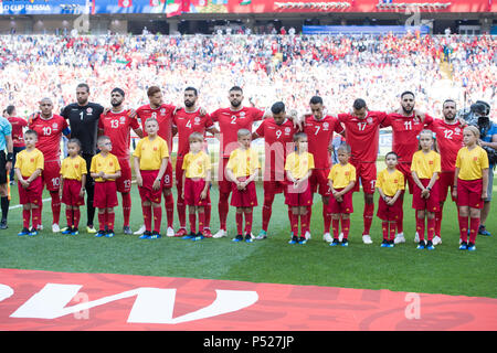 Moscow, Russia. 23rd June, 2018. The Tunisian players stand in line during the presentation, left to rightn.r. Wahbi KHAZRI (DO), goalkeeper Farouk BEN MUSTAPHA (DO), Ferjani SASSI (DO), Fakhreddine BEN YOUSSEF (DO), Yassine MERIAH (DO), Syam BEN YOUSSEF (DO), Anice BADRI (DO), Saifeddine KHAOUI (DO ), Ellyes SKHIRI (DO), Dylan BRONN (DO), Ali MAALOUL (DOUBLE), Whole Figure, Landscape, Belgium (BEL) - Tunisia (TUN) 5: 2, Preliminary Round, Group G, Match 29, on 23.06.2018 in Moscow; Football World Cup 2018 in Russia from 14.06. - 15.07.2018. | usage worldwide Credit: dpa/Alamy Live News Stock Photo