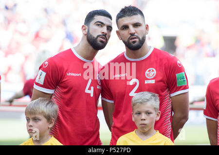 Moscow, Russia. 23rd June, 2018. Yassine MERIAH (left, do) and Syam BEN YOUSSEF (DO) talking during the presentation, Prsssentation, talking, half figure, half figure, Belgium (BEL) - Tunisia (TUN) 5: 2, preliminary round, group G, game 29, on 23.06.2018 in Moscow; Football World Cup 2018 in Russia from 14.06. - 15.07.2018. | usage worldwide Credit: dpa/Alamy Live News Stock Photo