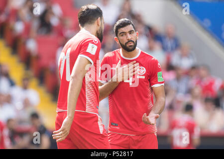 Moscow, Russia. 23rd June, 2018. Hamdi NAGUEZ (left) and Yassine MERIAH (DO) are frustrated, frustrated, late, disappointed, showered, decoy, disappointment, sad, half figure, half figure, gesture, gesture, Belgium (BEL) - Tunisia (TUN) 5 : 2, Preliminary Round, Group G, Game 29, on 23.06.2018 in Moscow; Football World Cup 2018 in Russia from 14.06. - 15.07.2018. | usage worldwide Credit: dpa/Alamy Live News Stock Photo