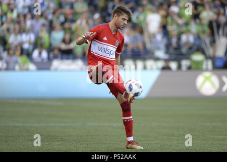 Seattle, Washington, USA. 23rd June, 2018. Chicago's DAX MCCARTY (9) controls the ball as the Chicago Fire visits the Seattle Sounders in a MLS match at Century Link Field in Seattle, WA. Credit: Jeff Halstead/ZUMA Wire/Alamy Live News Stock Photo