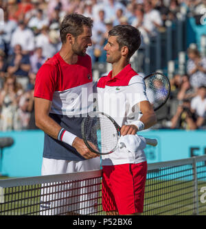 The Queen’s Club, London, UK. 24 June, 2018. Fever Tree Championships Day 7 final match on centre court. Top seed Marin Cilic (CRO) wins the championship after beating 12 times grand slam champion Novak Djokovic (SRB) 5-7, 7-6, 6-3. Credit: Malcolm Park/Alamy Live News. Stock Photo