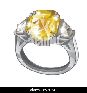 Exclusive ring made of platinum with inlaid yellow diamond isolated on white background. An instance of boutique jewelry. Vector illustration. Stock Vector