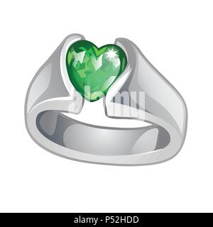 Exclusive ring made of white gold with inlaid green emerald heart shaped isolated on white background. An instance of boutique jewelry. Vector illustration. Stock Vector