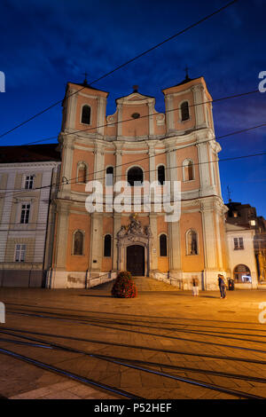 Bratislava city in Slovakia, Trinity Church (Trinitarian) at night Stock Photo