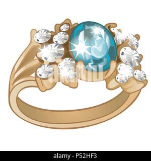Exclusive ring made of gold with inlaid blue aquamarine and diamonds isolated on white background. An instance of boutique jewelry. Vector illustration. Stock Vector