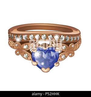 Exclusive ring made of gold with inlaid blue sapphire isolated on white background. An instance of boutique jewelry. Vector illustration. Stock Vector
