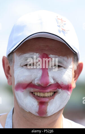 An England fan in Nizhny Novgorod ahead of their match against Panama in the 2018 FIFA World Cup in Russia. Stock Photo