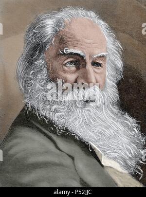 Walt Whitman (1819-1892). American poet., essayist and journalist. Nineteenth-century colored engraving. Stock Photo