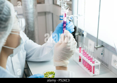 Scientists studying food sample in test tube Stock Photo
