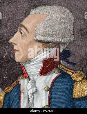 Marie-Joseph Paul Yves Roch Gilbert du Motier, Marquis de La Fayette (1757-1834), known as simply Lafayette. French aristocrat and military officer. Lafayette was a general in the American Revolutionary War and a leader of the Garde nationale during the French Revolution. Colored engraving. 19th century. Stock Photo