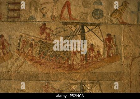 Mastaba of Irukaptah. 5th Dynasty. Old Kingdom. Relief depicting a sailing boat navigating on the Nile. Saqqara. Egypt. Stock Photo