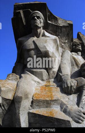 Ukraine. Autonomous Republic of Crimea. Memorial to the Defence of the Adzhimushkay Quarry, 1982, against Nazi occupation in 1942. Detail. Around Kerch. Stock Photo