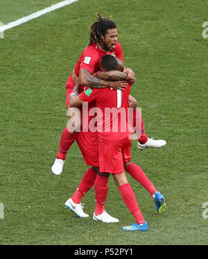 Panama's Felipe Baloy celebrates scoring his side's first goal of the game with team mates during the FIFA World Cup Group G match at the Nizhny Novgorod Stadium. Stock Photo