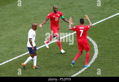 Panama's Felipe Baloy celebrates scoring his side's first goal of the game during the FIFA World Cup Group G match at the Nizhny Novgorod Stadium. Stock Photo
