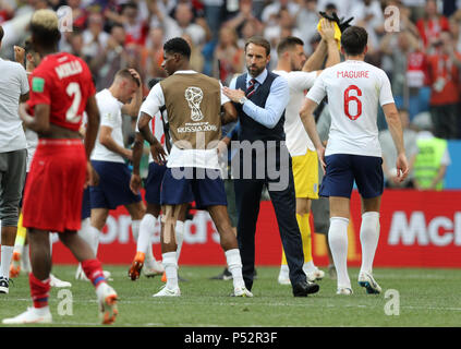 England manager Gareth Southgate (centre right) and Marcus Rashford after the FIFA World Cup Group G match at the Nizhny Novgorod Stadium. Stock Photo