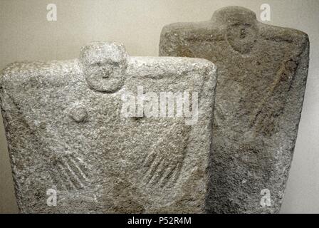 Anthropomorphic stone stelae or statue menhirs, located in Yamna secondary graves. Yamna Culture. Late Copper Age - Early Bronze Age. 36th-23rd centuries BC. Kerch Historical and Archaeological Museum. Autonomous Republic of Crimea. Ukraine. Stock Photo