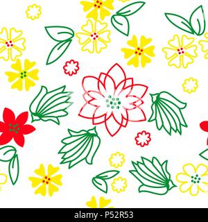 A variety of flowers of different colors isolated white background. Vector seamless illustration. Stock Vector