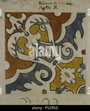 Catalan Modernism. Original desing of tile of Arrimadero 31. Subsequently were manufactured by the factory of ceramic products (Hijos de Jaime Pujol y Bausis). (Founded in 1850). Artist Antonio Gallissa Soque (1861-1903). Stock Photo