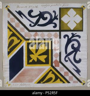 Catalan Modernism. Original desing of tile for the decoration of the fireplace. Guell Palace.  Artist Antoni Gaudi (1852-1926). Stock Photo