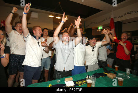 England supporters celebrate their side scoring a goal at the Lord Raglan Pub in London as fans watch the World Cup match between England and Panama. PRESS ASSOCIATION Photo. Picture date: Sunday June 24, 2018. See PA story WORLDCUP England. Photo credit should read: Nigel French/PA Wire Stock Photo
