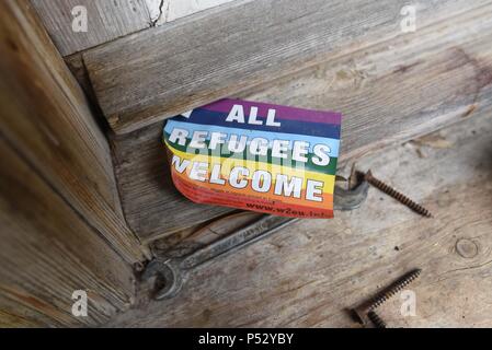 February 7, 2017 - Breil-sur-Roya, France: A sticker on display in Cedric Herrou's house. Cedric Herrou has welcomed hundreds of migrants in his organic farm near Breil-sur-Roya - once he even had 60 migrants staying in the makeshift camp on his property.  Un autocollant dans la ferme de Cedric Herrou dans la vallee de la Roya. Stock Photo