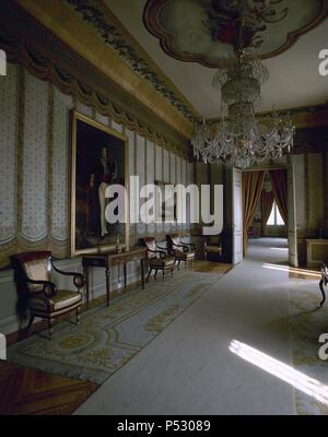 Spain. Madrid. The House of the Duke of Arco. Donated to king Philip V and Elisabeth Farnese in 1745. Decorated with wallpaper and luxurious carpets. National Heritage. Stock Photo