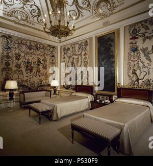 Spain. Madrid. Fuencarral-El Pardo. Royal Palace of Pardo. Charles III renovated the building in the 18th century, with architect Francesco Sabatini. Bedroom. Guest residence. Stock Photo