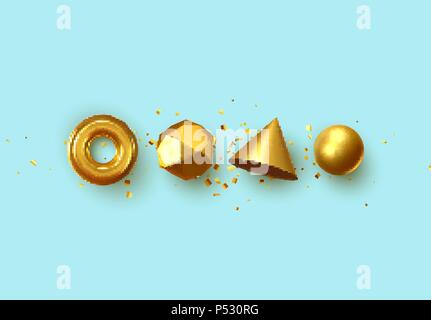 Set of 3d realistic elements isolated on blue background. Spheres, torus, cones and other geometric shapes. gold colors for trendy designs. Stock Vector