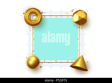 Frame with 3d geometric golden elements with place for text. Art minimal design Stock Vector