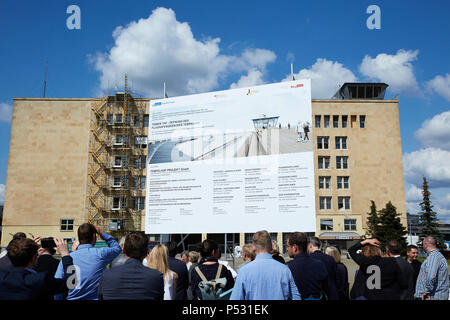 Berlin, Germany - Presentation of the information panel on the construction project Opening of Tempelhof Airport - Tower THF Stock Photo