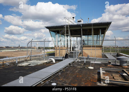 Berlin, Germany - View from the roof of Kopfbaus West onto the former operating tower of the airport Berlin-Tempelhof. Stock Photo