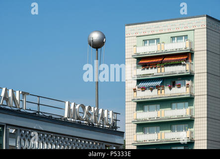 Detail of the Cafe Moskau with a DDR-Plattenbau in the Karl-Marx-Allee Stock Photo