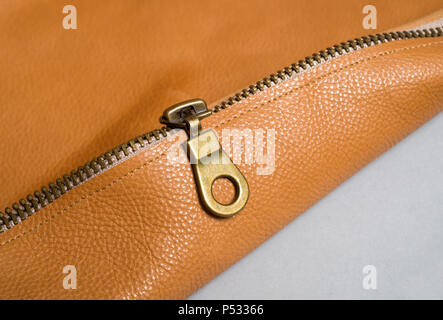 Brown leather bag with zipper. Stock Photo